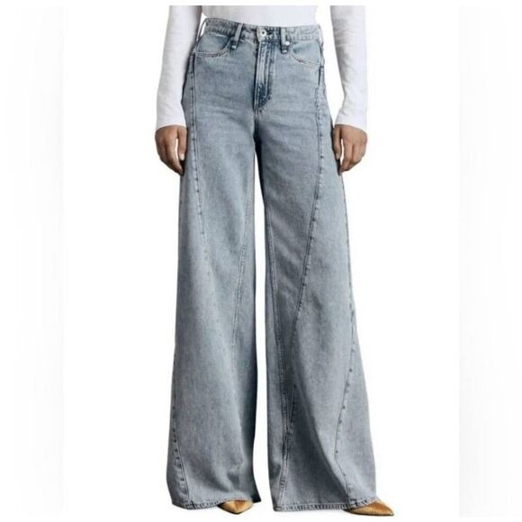 No Brand Denim - Extra Wide Leg Raw Hem High Rise Light Wash Blue Denim Jeans Retro Hippie Chic